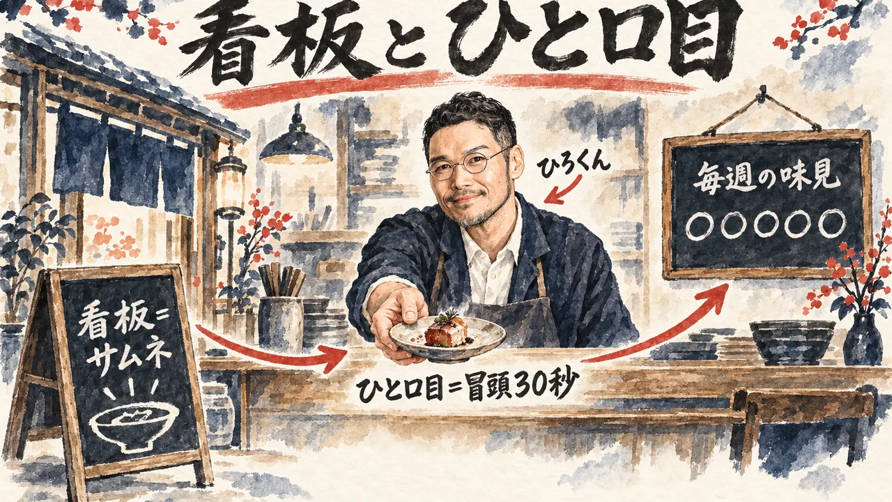 店主のひろくんが看板（サムネ）とひと口目（冒頭30秒）を差し出し、壁の黒板に毎週の味見の丸が並ぶコラムの図解