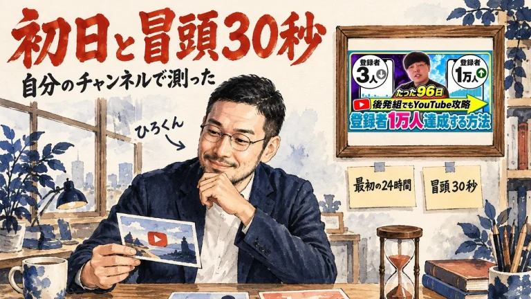 ひろくんが机で3枚のサムネのカードを見比べている、YouTubeの初日のクリック率と冒頭30秒を自分のチャンネルで測った記事のアイキャッチ。壁に動画のサムネイル
