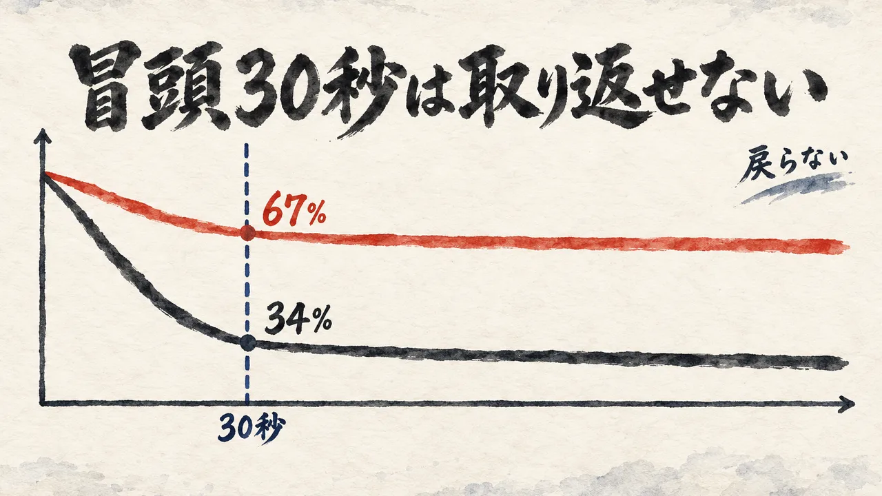 30秒の点線で67%を保つ線と34%まで落ちる線を比べ、冒頭30秒は取り返せないことを示した図解