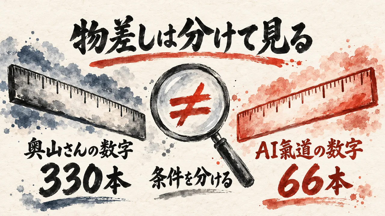 奥山さんの数字330本とAI氣道の数字66本の2本の物差しを、虫めがねで条件を分けて見る図解