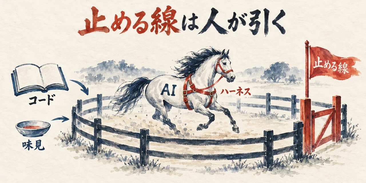 柵の中を走るAIの馬に、ハーネスの手綱と、人が引く止める線の旗がある図解