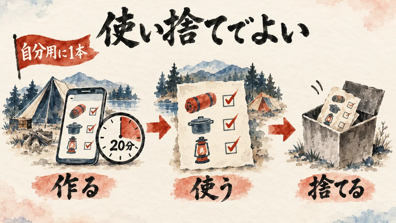 20分で作ったキャンプの持ち物アプリを使い、使い終わったら捨てる、作る・使う・捨てるの3場面の図解
