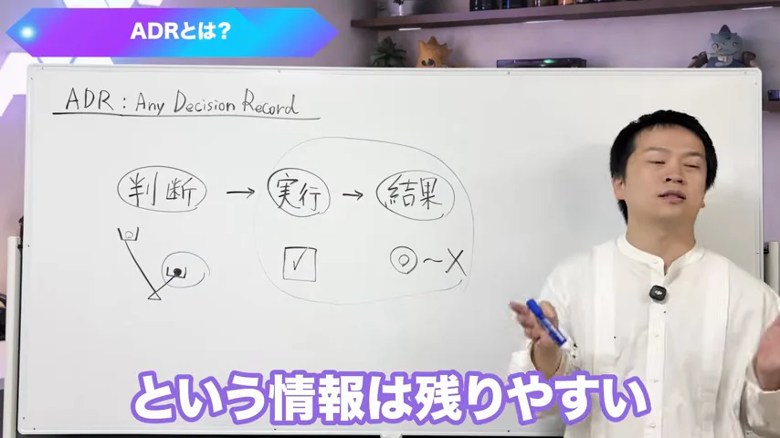 動画キャプチャ: ホワイトボードに「ADR: Any Decision Record」と書き、判断、実行、結果の3つを示した場面（3:33頃）