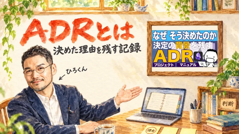 ひろくんが付箋とノートで「理由」を紹介している、ADRのアイキャッチ。壁に動画のサムネイル