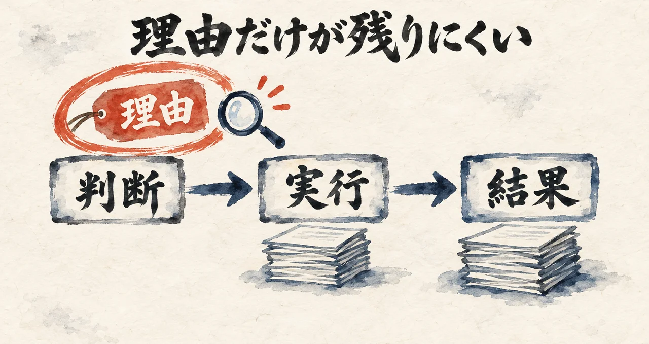 判断、実行、結果の3つの箱のうち、実行と結果には紙が残り、判断の理由だけが朱色の札で浮いていることを示した図解
