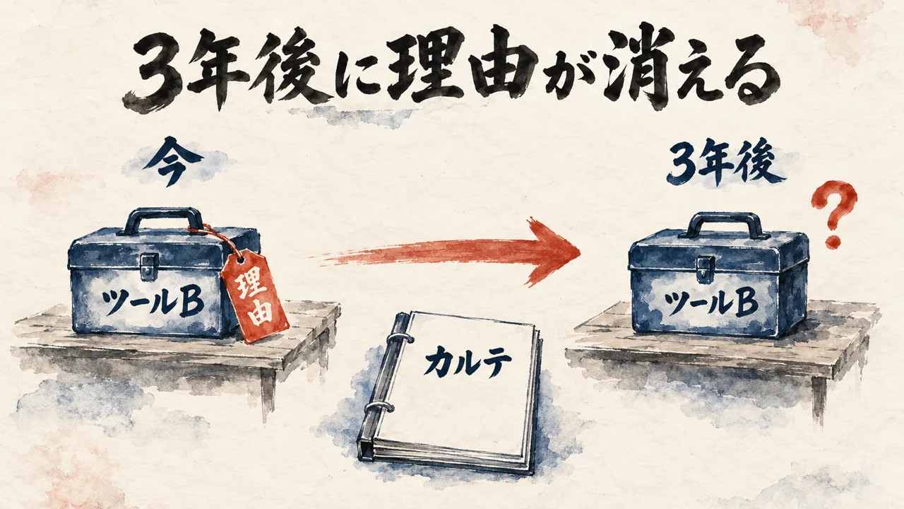 今は道具の箱と理由の札が並ぶのに、3年後は道具の箱だけが残り理由が消えることを、カルテの絵とともに示した図解