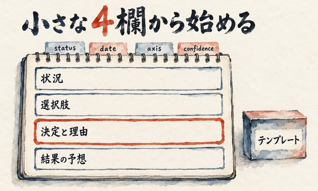 ノートの4つの欄（状況、選択肢、決定と理由、結果の予想）と、上端の4つの札で、MADRライトの書き方を示した図解