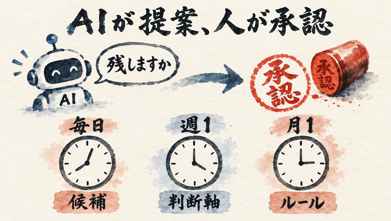 AIの「残しますか」という問いかけに人が判子で承認し、毎日、週1、月1の3つの時計で回すことを示した図解