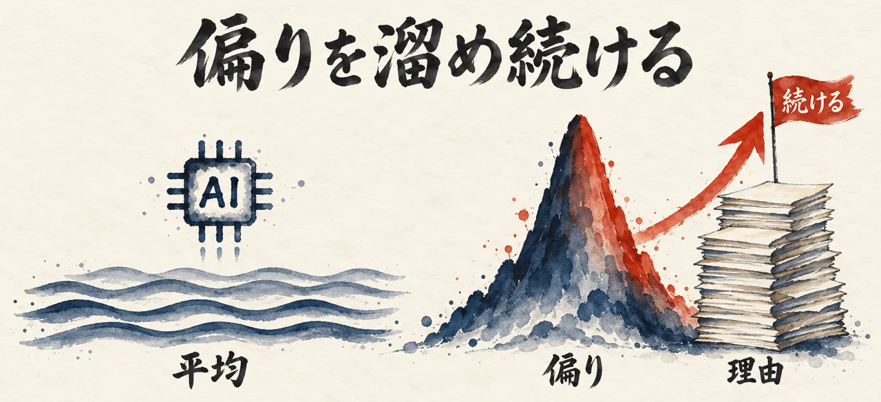 平らな平均の線と、偏った山に積み上がる理由の束を対比し、続ける旗を立てた図解