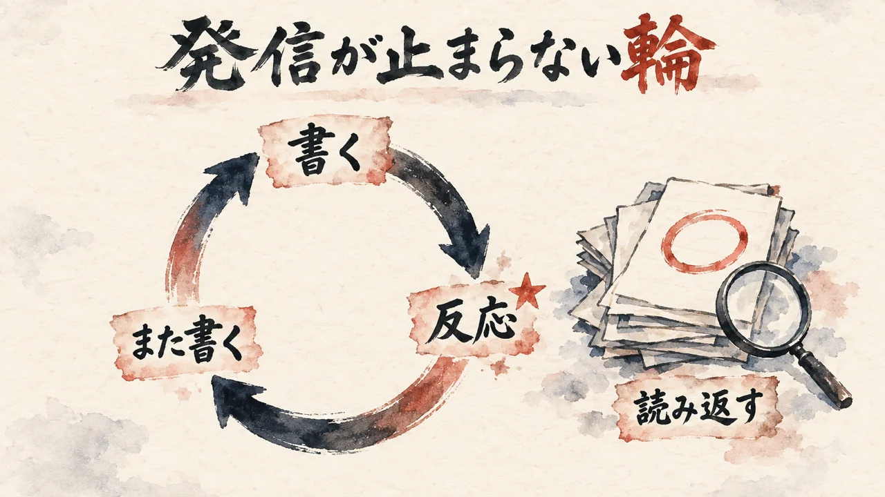 書く、反応、また書くの輪が止まらず、輪の外に読み返す紙の束があることを示した図解