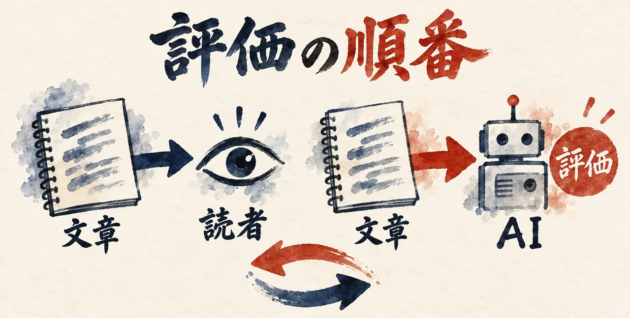 文章を読者が読む順と、AIが先に評価する順の違いを、矢印の順番で示した図解