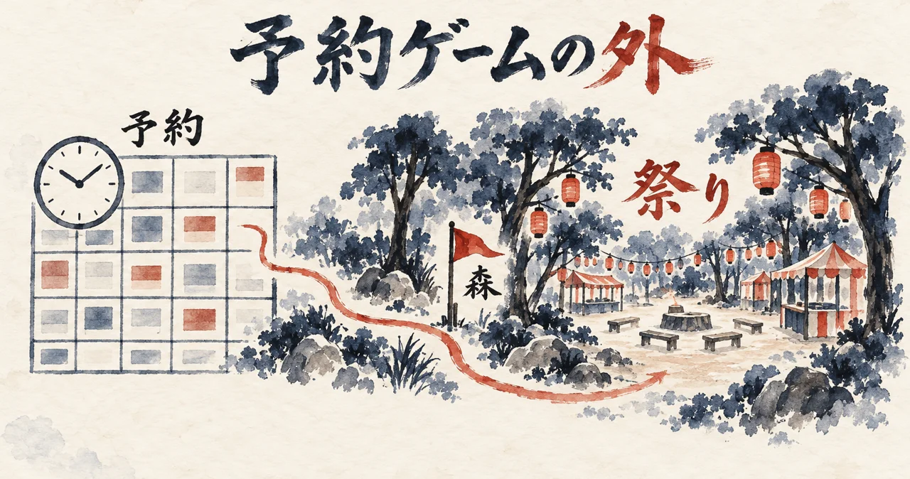 予約の格子の外に、森を抜けて祭りの広場へ続く道があることを示した図解
