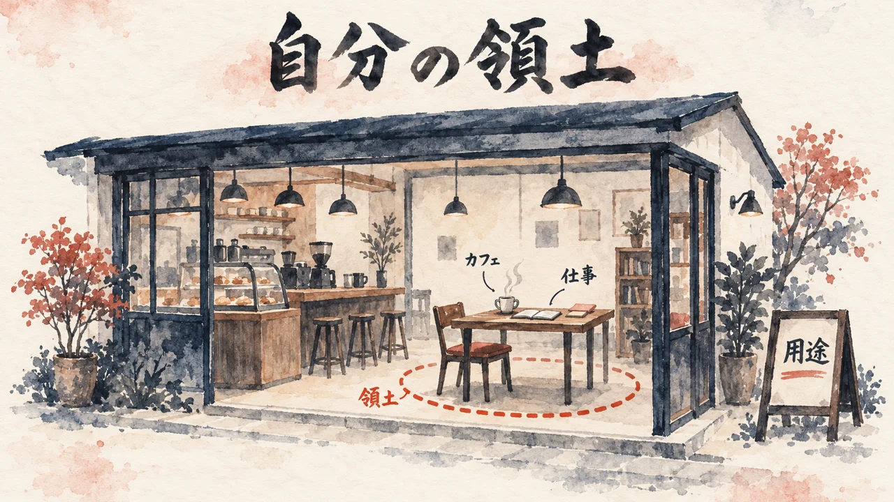 カフェの机を朱色の点線で囲み、用途の決まった場所を自分の領土にすることを示した図解