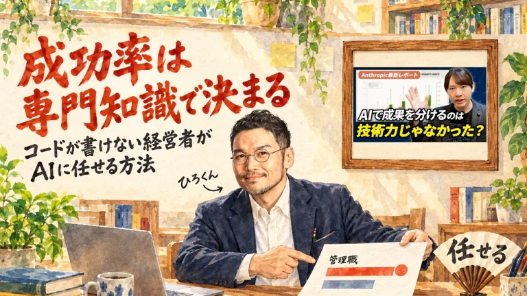 ひろくんが横棒グラフの紙と采配で、成功率1位がマネジメント職だったことを紹介しているアイキャッチ。壁に動画のサムネイル
