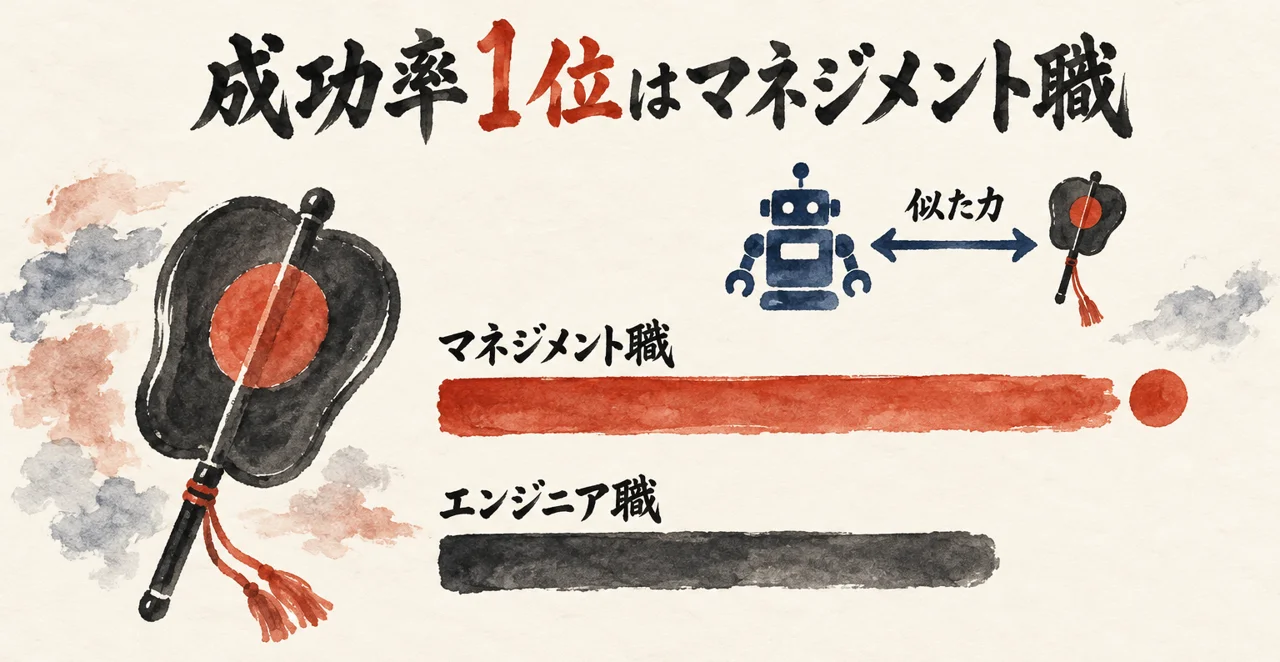 マネジメント職の朱色の横棒がエンジニア職の棒より少し長く、采配とロボットを両向きの矢印で結んで、人を任せる力とAIに任せる力が似ていることを示した図解