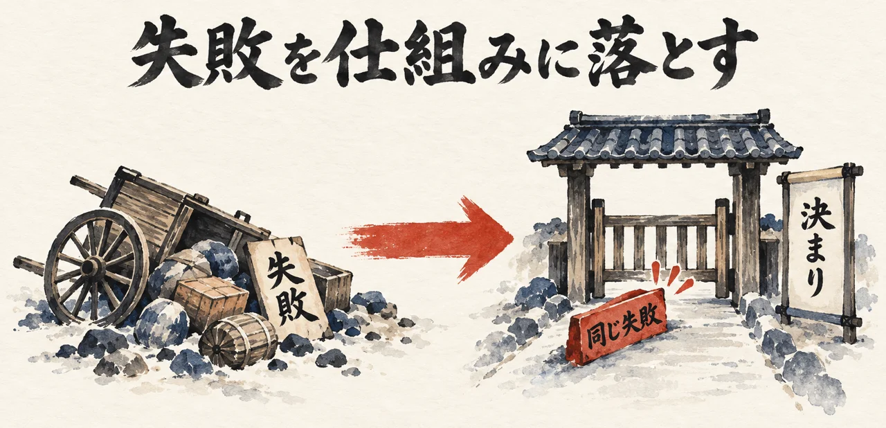 荷が崩れた荷車から、同じ失敗を止める関所の門と決まりの巻物へ進む流れで、失敗を仕組みに落とすことを示した図解