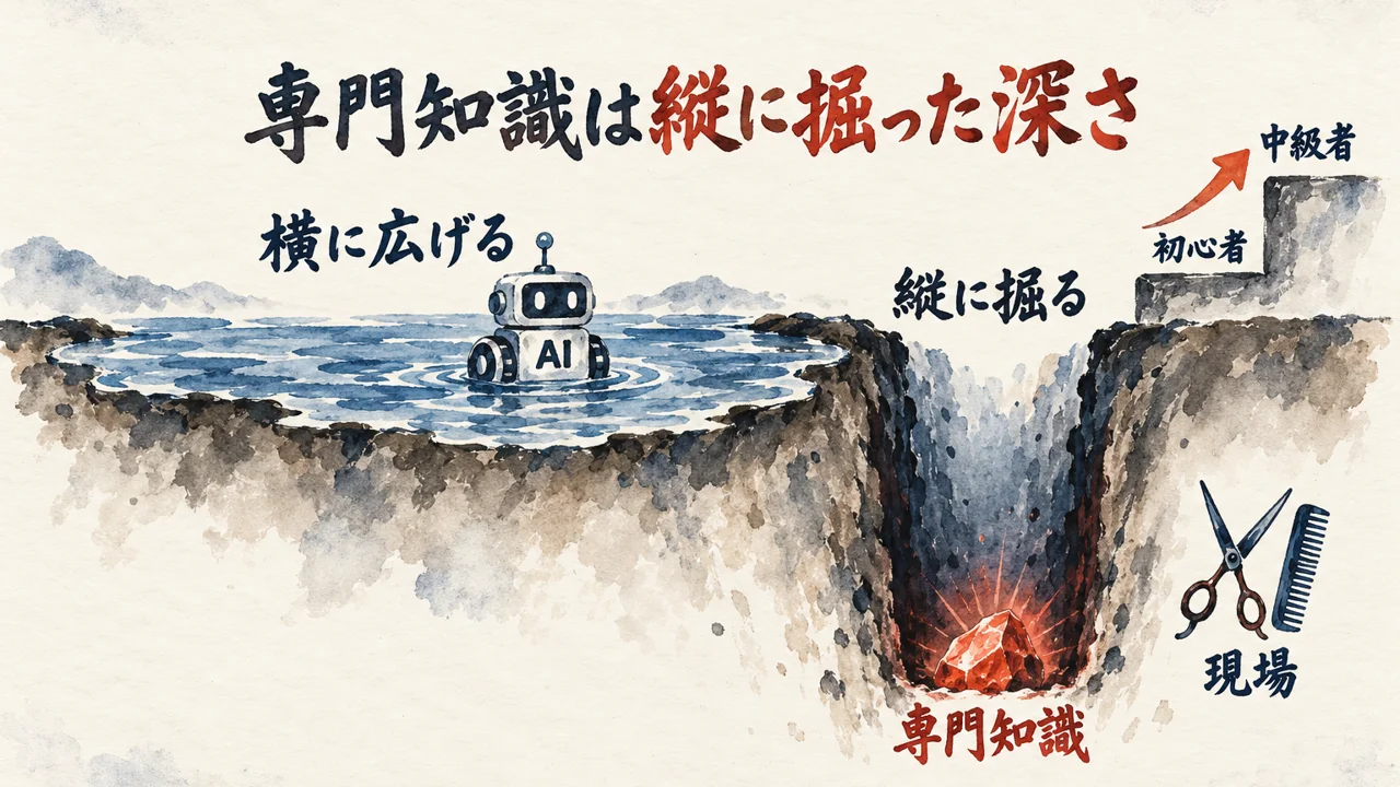 横に広がる浅い水面のAIと、縦に深く掘った穴の底にある専門知識の石を対比し、はさみと櫛で自分の現場を示した図解