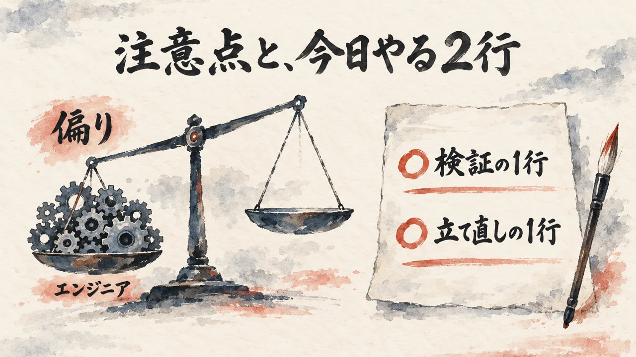 エンジニアの歯車で片側に傾いた天秤と、検証の1行と立て直しの1行を書いた2行のメモを並べた図解
