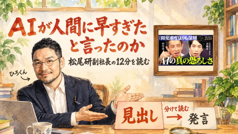 ひろくんが「AIが人間に早すぎたと言ったのか」の題字の横で、見出しと発言を分けて読むと示しているアイキャッチ。壁に動画のサムネイル