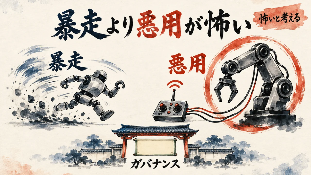 暴走するロボットと、遠隔操作で動く腕の悪用を並べ、真ん中の鳥居にガバナンスと書いて、暴走より悪用が怖いという考えを示した図解