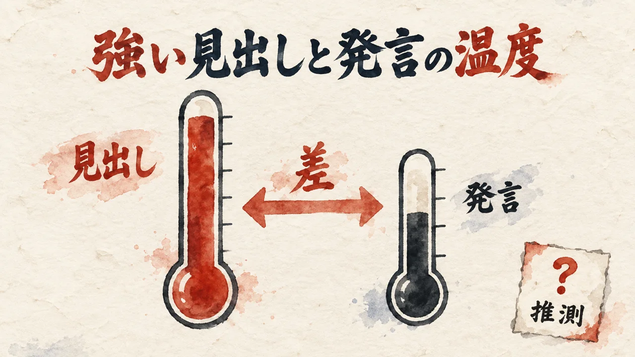 強い見出しの温度計と、発言の温度計の高さの差を矢印で示し、その理由は推測だと添えた図解