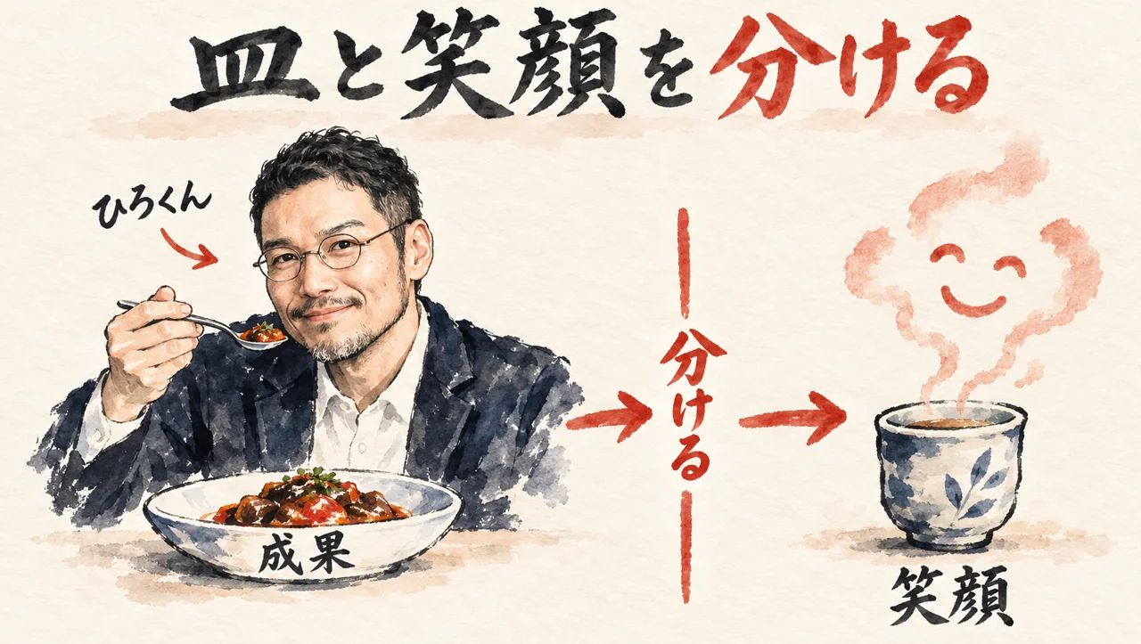 ひろくんが皿の「成果」を味見し、線「分ける」の先の湯呑の湯気に「笑顔」を見る図解