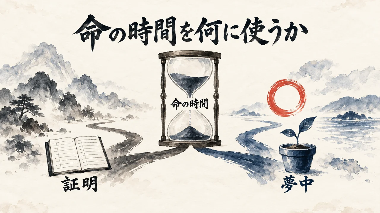 砂時計の「命の時間」から、帳簿の「証明」へ向かう道と、芽の鉢の「夢中」へ向かう道に分かれる図解