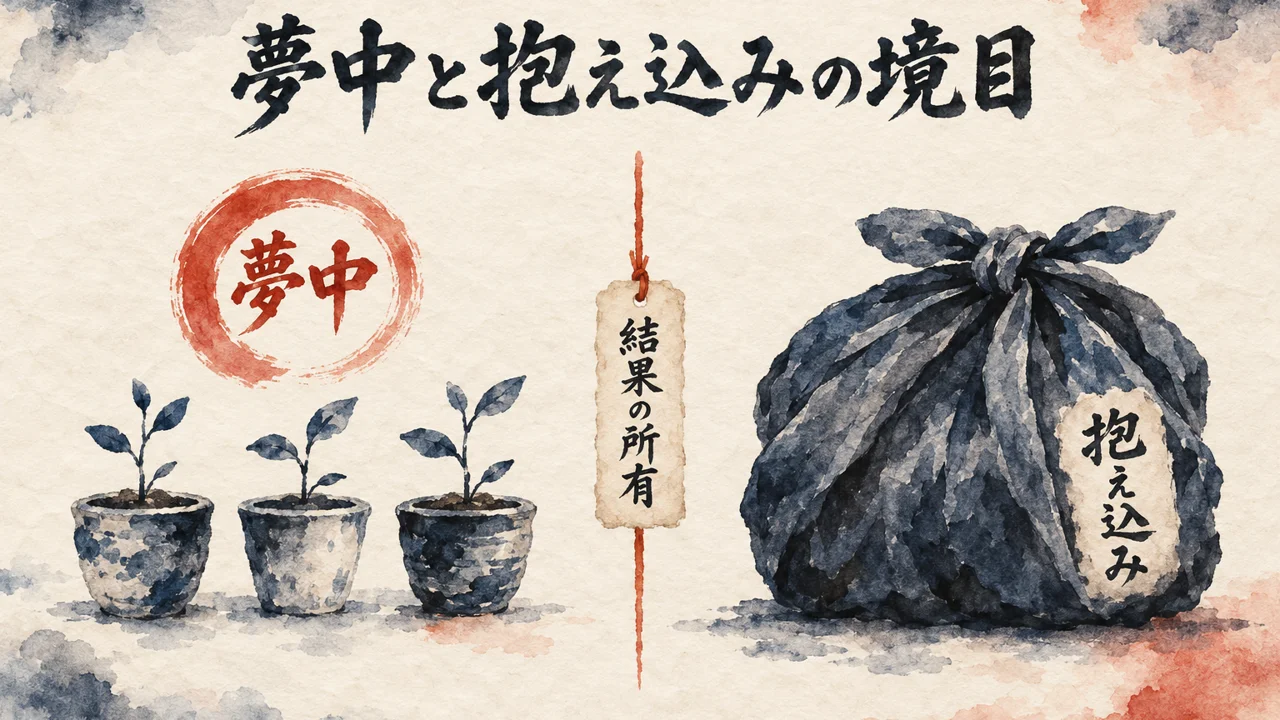 芽の鉢の「夢中」と、風呂敷の「抱え込み」を、間の札「結果の所有」で分けた図解
