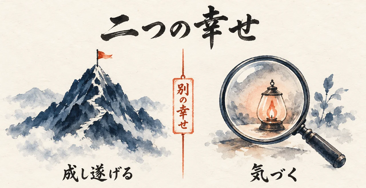 山頂の旗の「成し遂げる」と、レンズ越しの灯りの「気づく」を、間の札「別の幸せ」で分けた図解