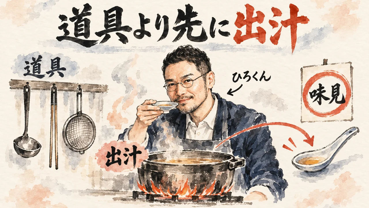 厨房の壁の道具の横で、ひろくんが鍋の出汁を小皿で確かめ、味見のさじへ矢印が伸びていることを示した図解