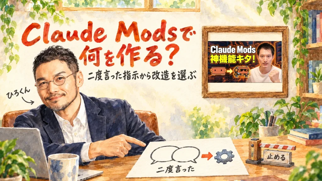 ひろくんが、同じ吹き出し2つから歯車へ矢印が伸びる紙を指して、二度言った指示から改造を選ぶことを紹介しているアイキャッチ。壁に動画のサムネイル
