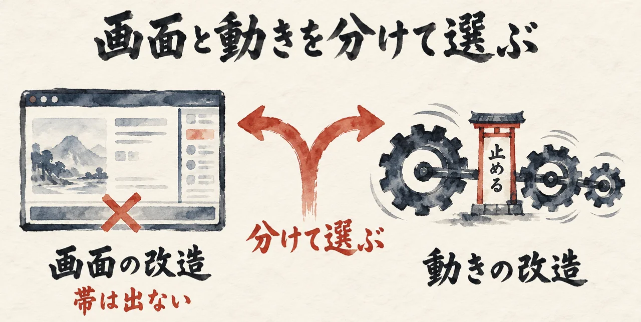 帯に×印の付いた画面の枠と、関所の門を挟んだ歯車の流れを分かれ道の矢印で結び、Claude Modsの改造を画面と動きに分けて選ぶことを示した図解