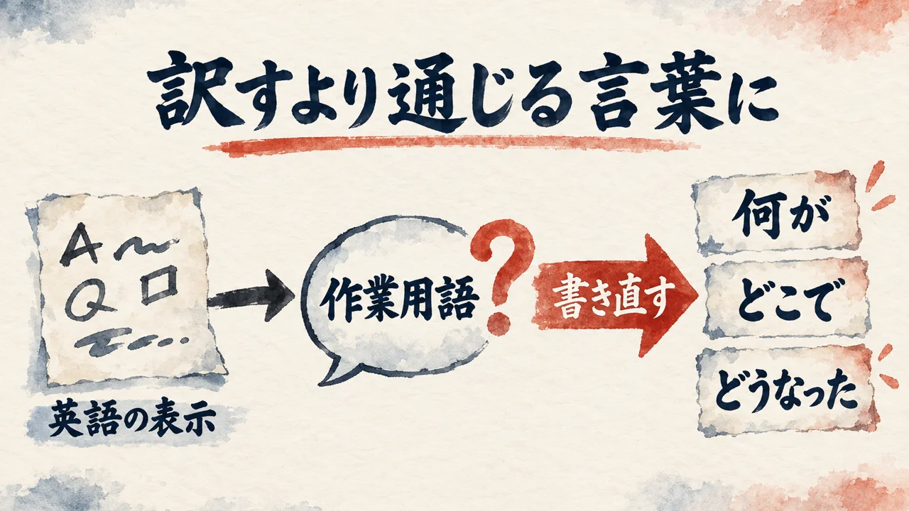 英語の表示の札から、作業用語の吹き出しと疑問符を経て、何が・どこで・どうなったの3枚の札へ書き直す流れで、訳すより通じる言葉にすることを示した図解