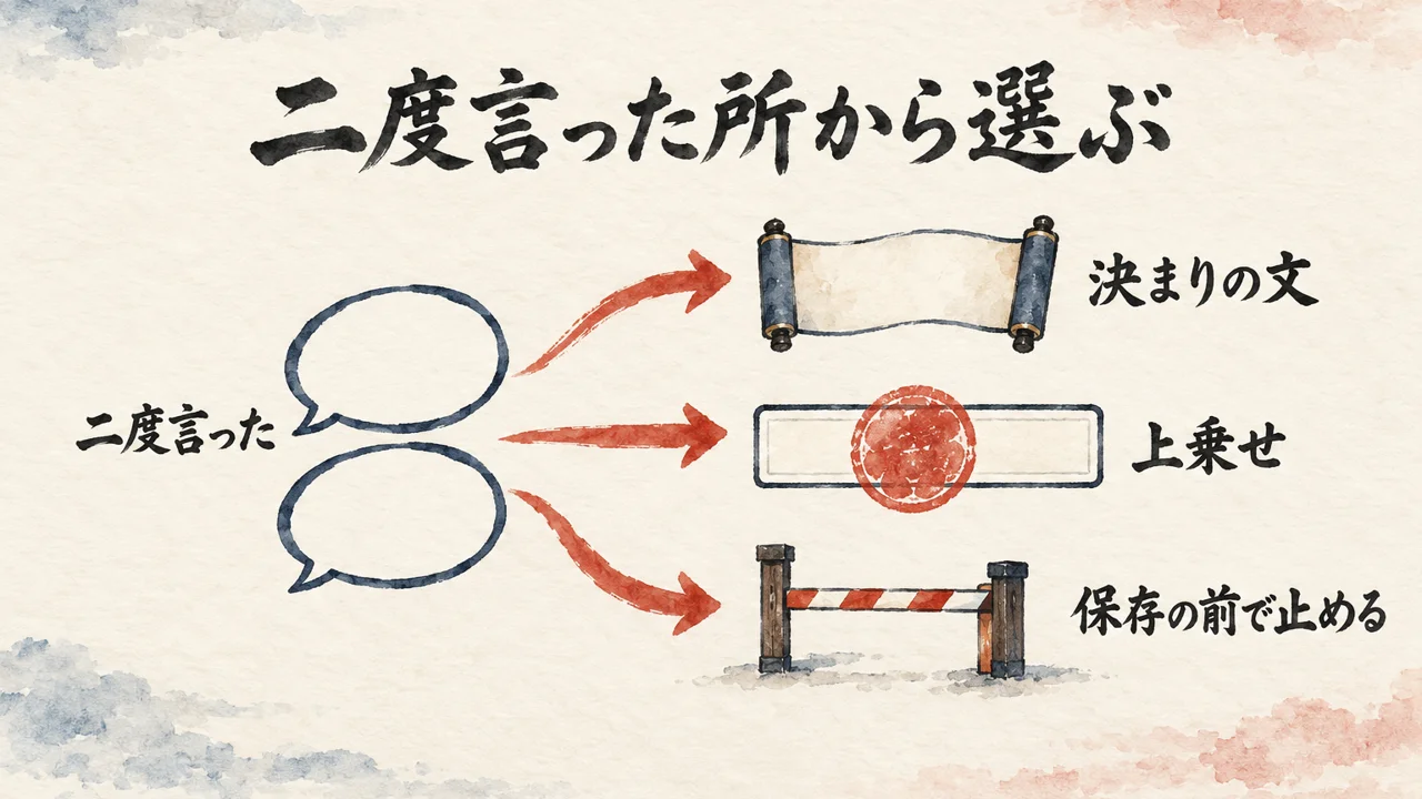 同じ吹き出し2つから、決まりの文の巻物・印鑑付きの入力欄・保存の前で止める関所の3方向へ矢印が分かれ、二度言った所から足す場所を選ぶことを示した図解