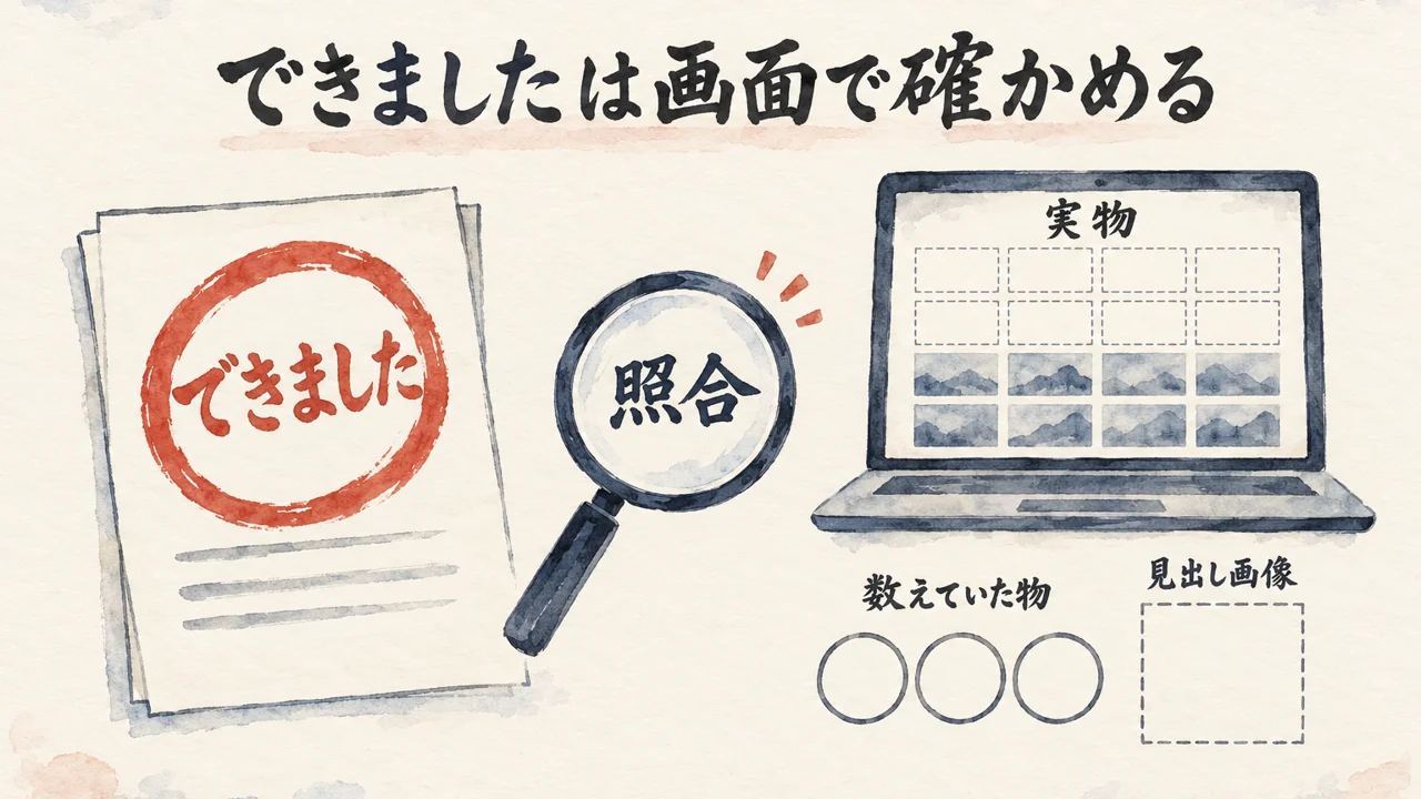 できましたの報告の紙と、上2行が欠けた画面の実物を虫めがねで照合し、数えていた3つの円と空の見出し画像の枠を並べて、できましたは画面で確かめることを示した図解