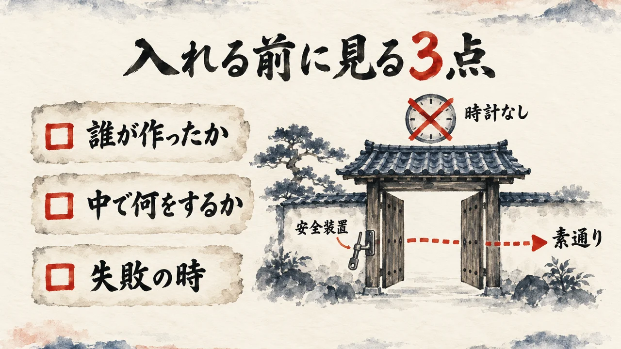 誰が作ったか・中で何をするか・失敗の時の3枚の確認の札と、掛け金の外れた関所の門を時計なしの印と素通りの点線で描き、入れる前に見る3点を示した図解