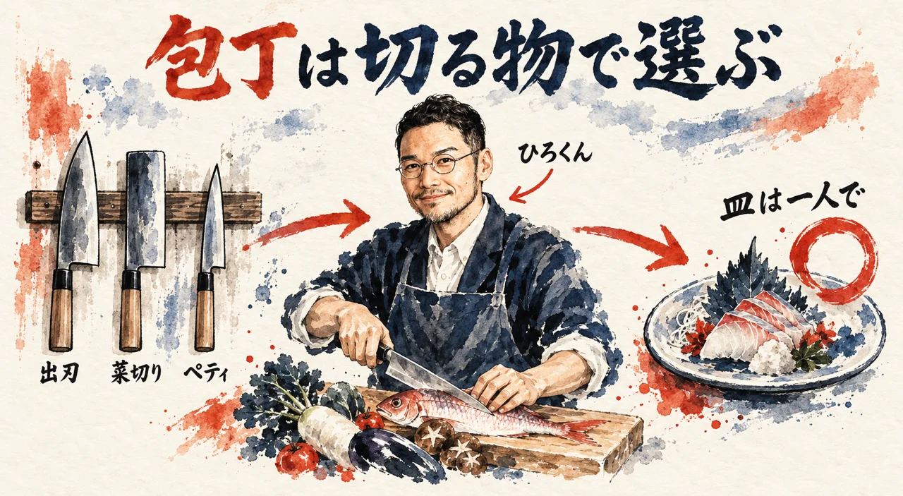 包丁を切る物で選ぶ料理に例えて、皿は一人で仕上げることを示した、ひろくんの図解