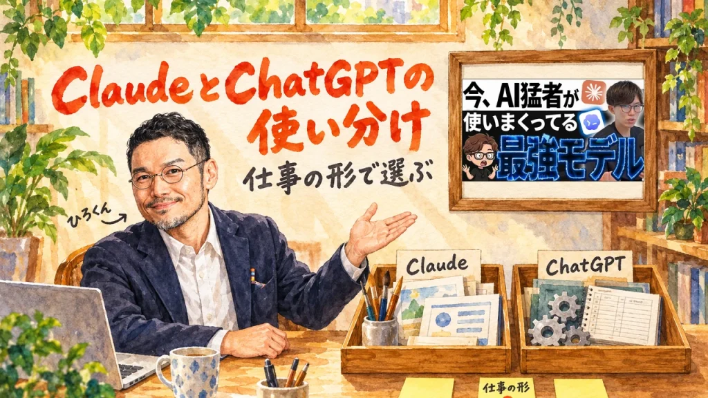 ひろくんが2つのトレイを紹介している、ClaudeとChatGPTの使い分けを仕事の形で選ぶアイキャッチ。壁に動画のサムネイル