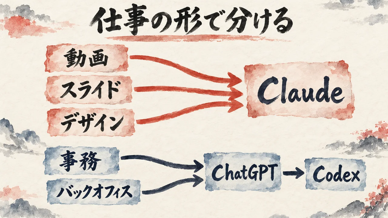 動画・スライド・デザインの仕事はClaudeへ、事務とバックオフィスの仕事はChatGPTとCodexへ振り分ける図解