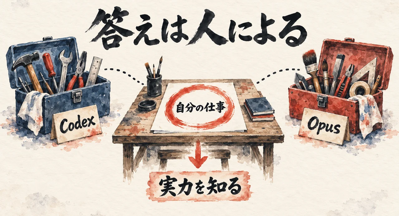 CodexとOpusの道具箱の間に、自分の仕事の机を置き、実力を知ることを示した図解