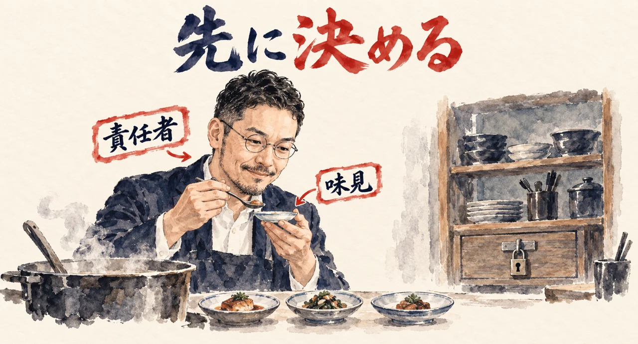 ボールの持ち主を先に決め、お客様に出す前に味見をする厨房の図解