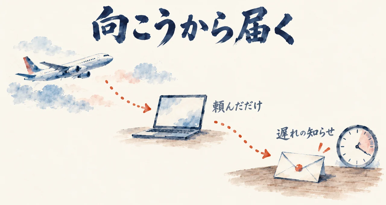 頼んだだけで、飛行機の遅れの知らせが向こうから机の上の封筒に届く流れの図解