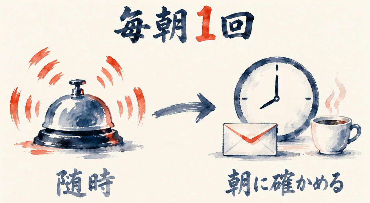 鳴り続ける随時の通知をやめて、毎朝1回だけ確かめる運用の前後を対比した図解