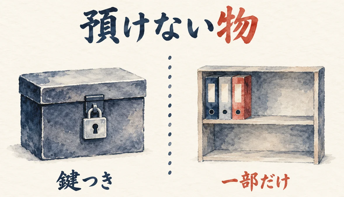 鍵つきの箱に入れて預けない物と、棚に少しだけ並べて預ける物を対比した図解