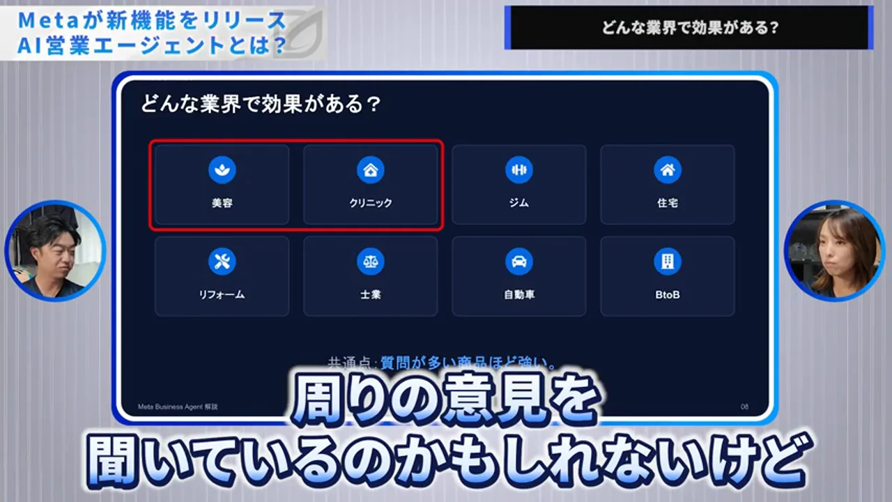 動画キャプチャ: スライド「どんな業界で効果がある？」（美容・クリニックが赤枠、ほかにジム・住宅・リフォームなど）（6:12頃）