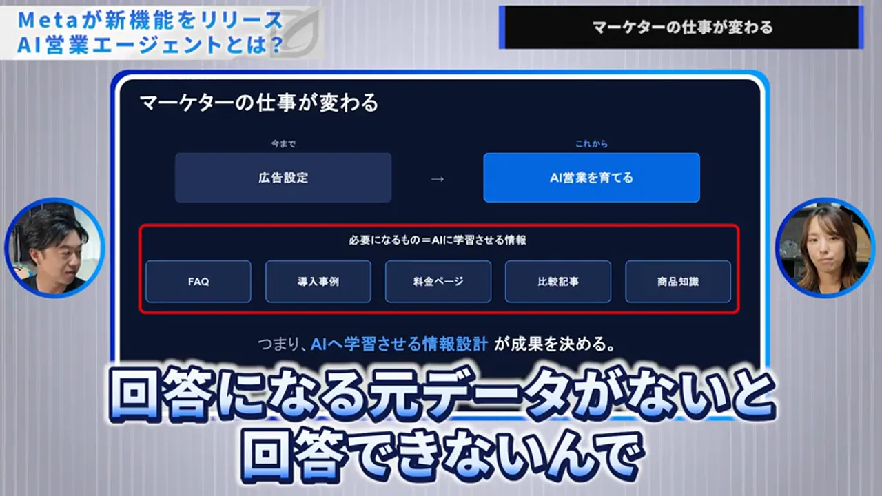 動画キャプチャ: スライド「マーケターの仕事が変わる」（広告設定からAI営業を育てるへ。FAQ・導入事例・料金ページなどが赤枠）（7:20頃）