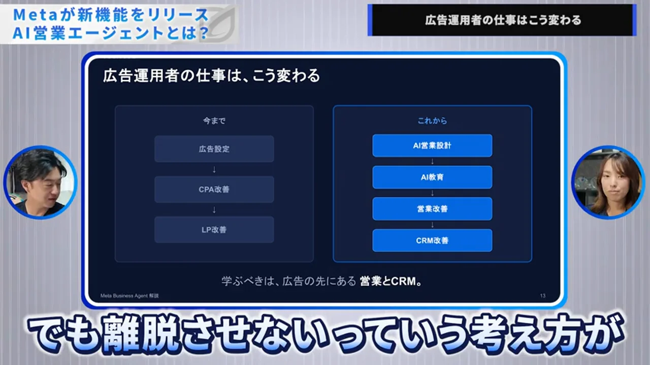 動画キャプチャ: スライド「広告運用者の仕事は、こう変わる」（広告設定・CPA改善・LP改善からAI営業設計・営業フロー改善・CRM改善へ）（11:38頃）