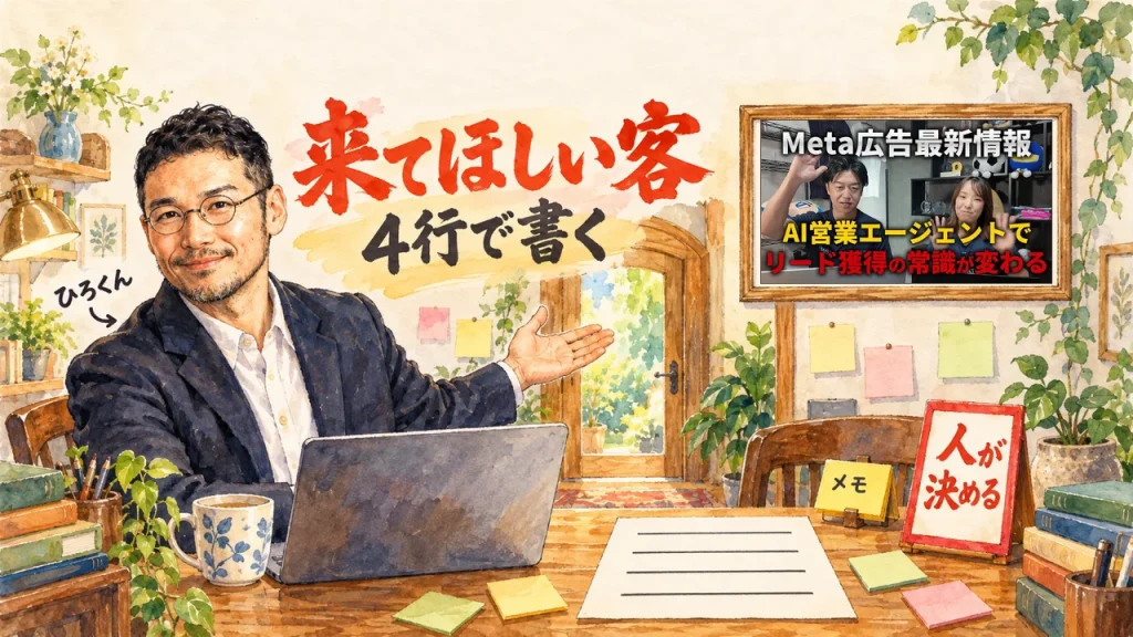 来てほしい客を4行で書く。玄関の前のノートPCと4行メモ、人が決める札を、ひろくんが紹介する図解（額縁の中は、Meta Business Agent動画のサムネイル。動画のサムネイル入り）