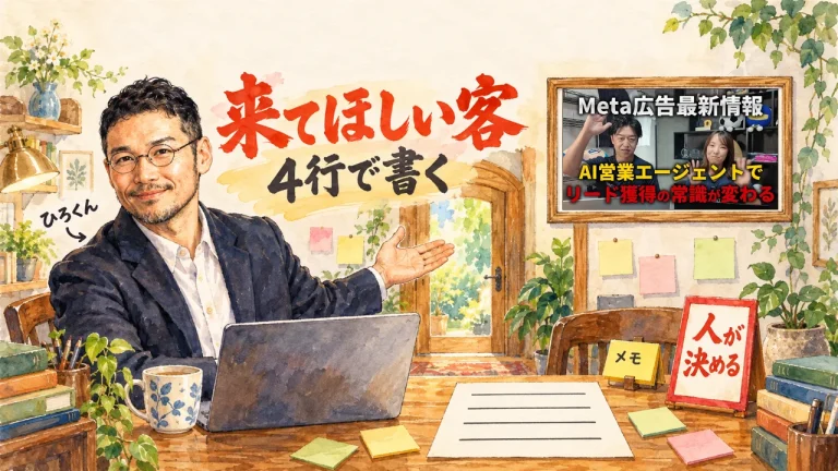 来てほしい客を4行で書く。玄関の前のノートPCと4行メモ、人が決める札を、ひろくんが紹介する図解（額縁の中は、Meta Business Agent動画のサムネイル。動画のサムネイル入り）