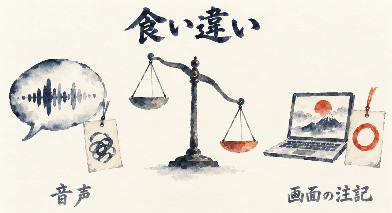 動画の音声と画面の注記で日本の提供状況が食い違っていることを、天秤で見せた図解